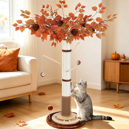 Cat Scratching Post, 46 Inch Tall Cat Scratcher Tree for Indoor Cats Adults with Natural Sisal Rope, Large Scratching Posts with Rubber Brush, 3-Layer Solid Wood Base and Balls Track Toy