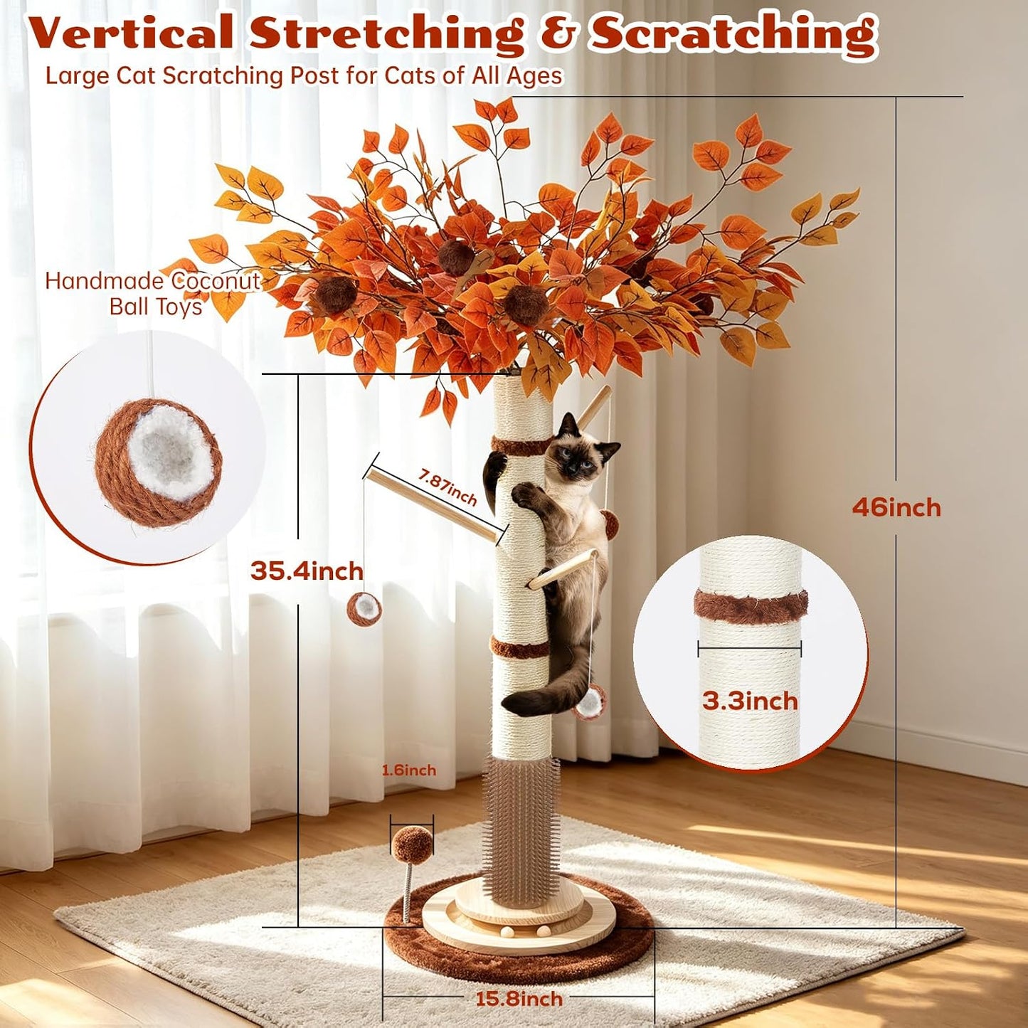 Cat Scratching Post, 46 Inch Tall Cat Scratcher Tree for Indoor Cats Adults with Natural Sisal Rope, Large Scratching Posts with Rubber Brush, 3-Layer Solid Wood Base and Balls Track Toy