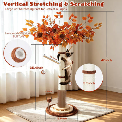 Cat Scratching Post, 46 Inch Tall Cat Scratcher Tree for Indoor Cats Adults with Natural Sisal Rope, Large Scratching Posts with Rubber Brush, 3-Layer Solid Wood Base and Balls Track Toy
