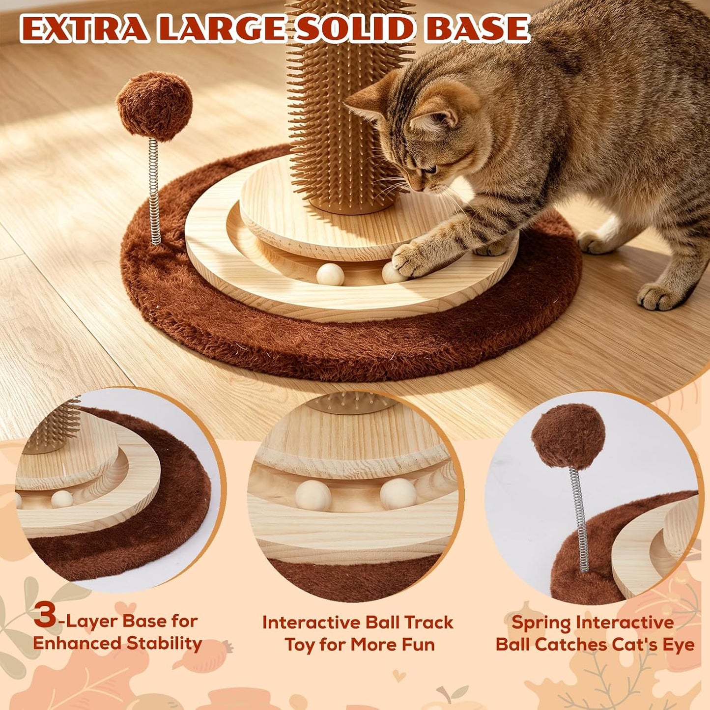 Cat Scratching Post, 46 Inch Tall Cat Scratcher Tree for Indoor Cats Adults with Natural Sisal Rope, Large Scratching Posts with Rubber Brush, 3-Layer Solid Wood Base and Balls Track Toy