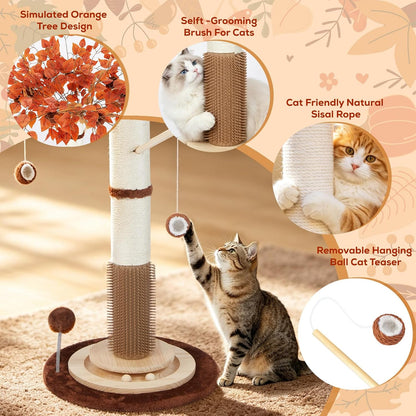 Cat Scratching Post, 46 Inch Tall Cat Scratcher Tree for Indoor Cats Adults with Natural Sisal Rope, Large Scratching Posts with Rubber Brush, 3-Layer Solid Wood Base and Balls Track Toy