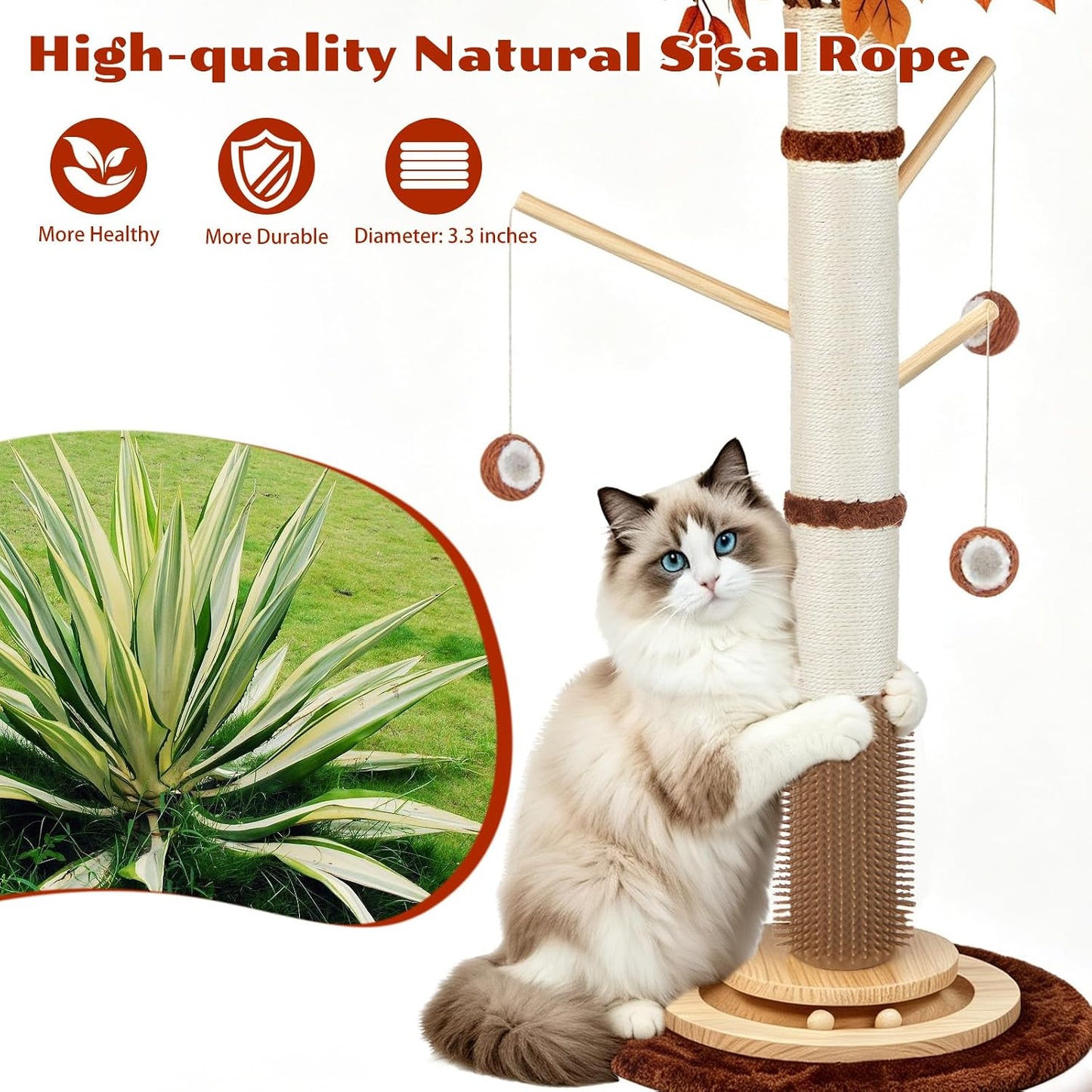 Cat Scratching Post, 46 Inch Tall Cat Scratcher Tree for Indoor Cats Adults with Natural Sisal Rope, Large Scratching Posts with Rubber Brush, 3-Layer Solid Wood Base and Balls Track Toy