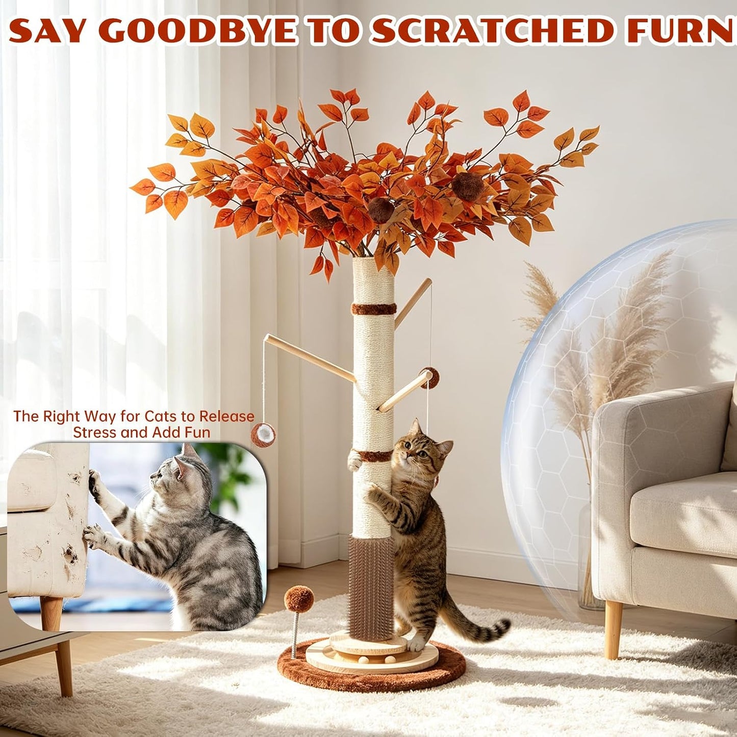 Cat Scratching Post, 46 Inch Tall Cat Scratcher Tree for Indoor Cats Adults with Natural Sisal Rope, Large Scratching Posts with Rubber Brush, 3-Layer Solid Wood Base and Balls Track Toy