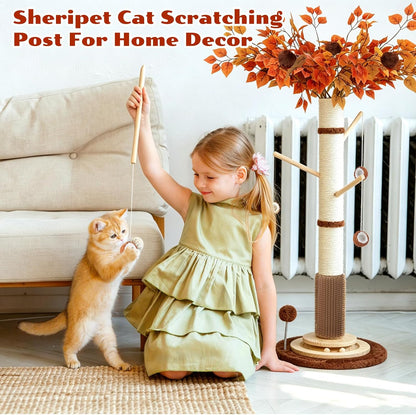 Cat Scratching Post, 46 Inch Tall Cat Scratcher Tree for Indoor Cats Adults with Natural Sisal Rope, Large Scratching Posts with Rubber Brush, 3-Layer Solid Wood Base and Balls Track Toy