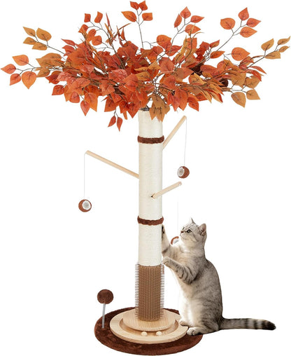 Cat Scratching Post, 46 Inch Tall Cat Scratcher Tree for Indoor Cats Adults with Natural Sisal Rope, Large Scratching Posts with Rubber Brush, 3-Layer Solid Wood Base and Balls Track Toy