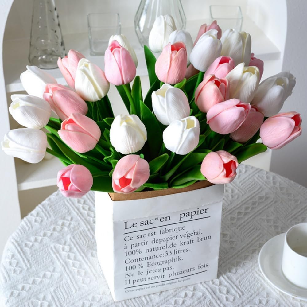 Artificial Tulips 10Pcs Real Touch PU Tulip Fake Flowers Pink
