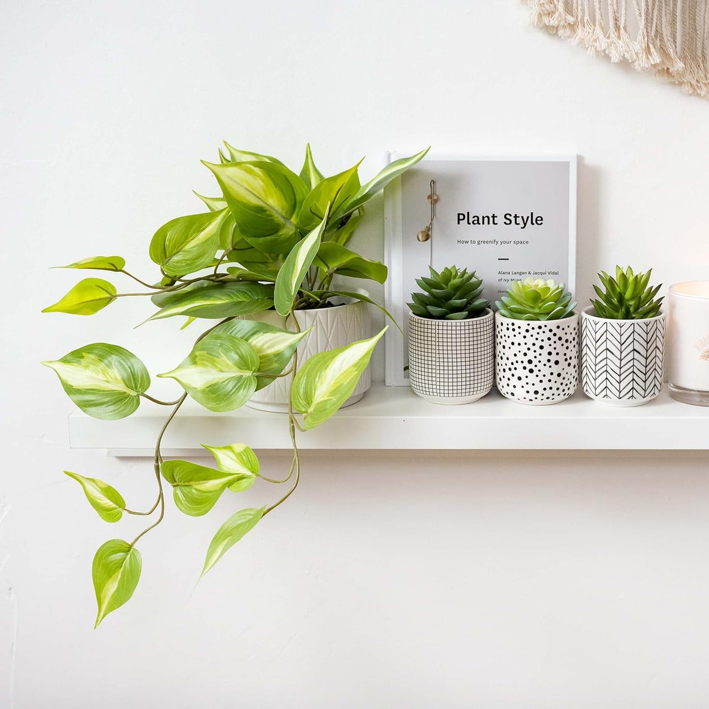 Light Green Fake pothos Plant | Fake Plant for Shelf Decor | Artificial Trailing Ivy Plant with 5" Wide Ceramic Pot | Faux pothos | Feaux Pothos