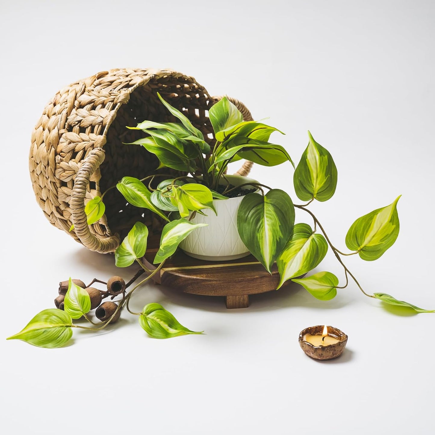 Light Green Fake pothos Plant | Fake Plant for Shelf Decor | Artificial Trailing Ivy Plant with 5" Wide Ceramic Pot | Faux pothos | Feaux Pothos