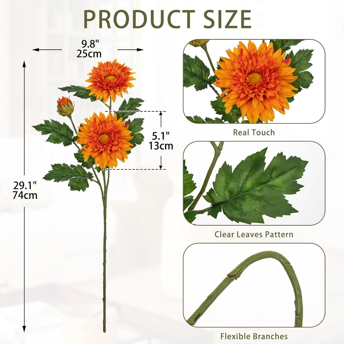 3PCS 29in Orange Artificial Flowers Gerbera Daisy Fall Flowers Stems Decor
