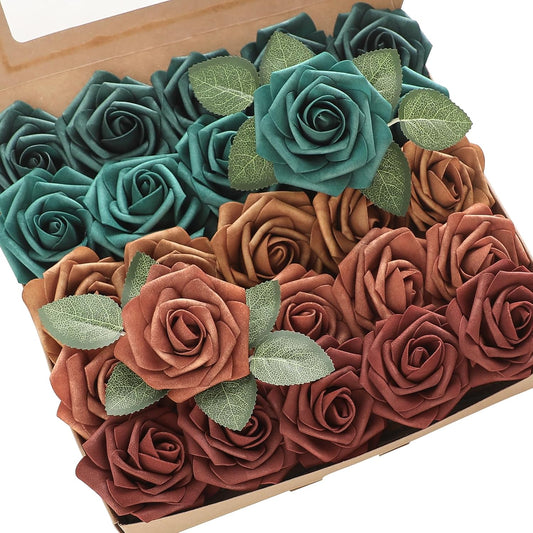 Artificial Flowers 25pcs Real Looking Dusty Rose Ombre Colors Foam Fake Roses with Stems for DIY Wedding Bouquets Bridal Shower Centerpieces Floral Arrangements Party Tables Home Decorations