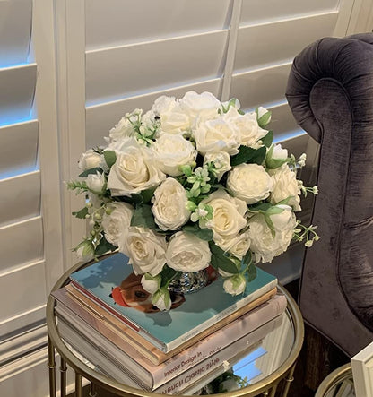 4 Bundles Artificial Peonies Silk Flowers, White Faux Peony Bouquet Florals Arrangements Decor for Farmhouse Home Boho Wedding Table Centerpiece, Fake Plastic Flowers Bulk Vase Decoration (White)