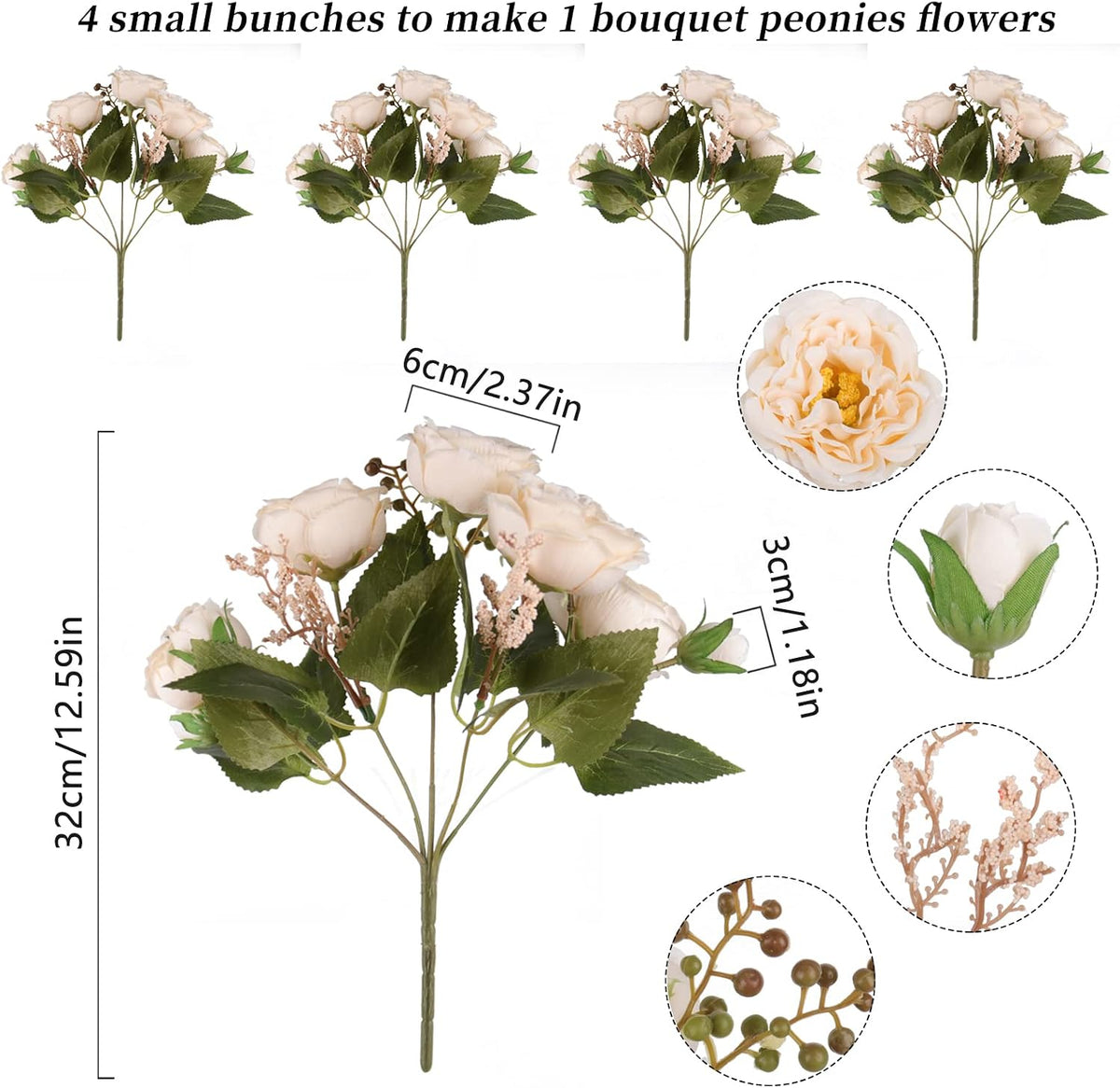 4 Bundles Artificial Peonies Silk Flowers, White Faux Peony Bouquet Florals Arrangements Decor for Farmhouse Home Boho Wedding Table Centerpiece, Fake Plastic Flowers Bulk Vase Decoration (White)