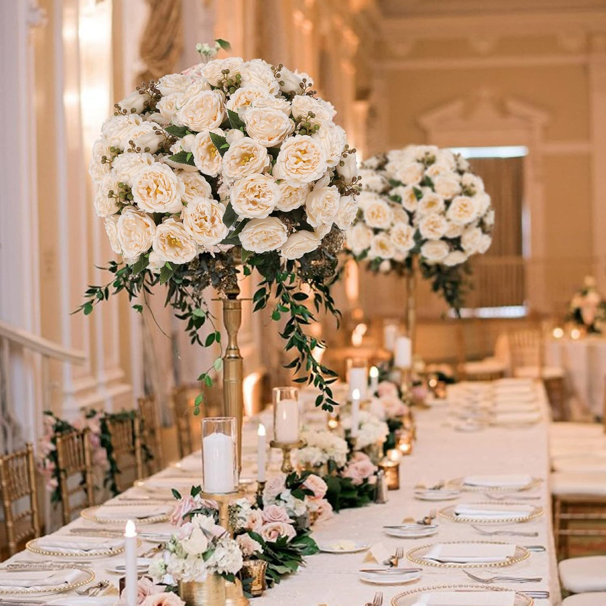 4 Bundles Artificial Peonies Silk Flowers, White Faux Peony Bouquet Florals Arrangements Decor for Farmhouse Home Boho Wedding Table Centerpiece, Fake Plastic Flowers Bulk Vase Decoration (White)