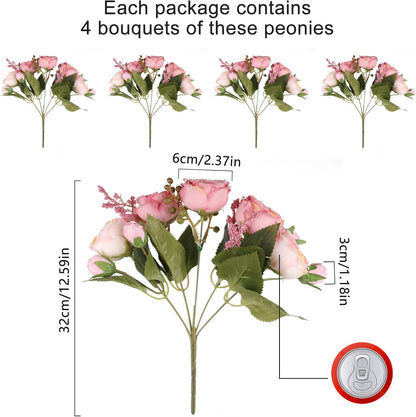 4 Bundles Artificial Peonies Silk Flowers, White Faux Peony Bouquet Florals Arrangements Decor for Farmhouse Home Boho Wedding Table Centerpiece, Fake Plastic Flowers Bulk Vase Decoration (White)