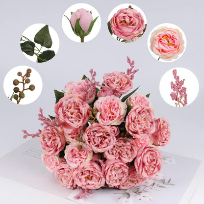 4 Bundles Artificial Peonies Silk Flowers, White Faux Peony Bouquet Florals Arrangements Decor for Farmhouse Home Boho Wedding Table Centerpiece, Fake Plastic Flowers Bulk Vase Decoration (White)