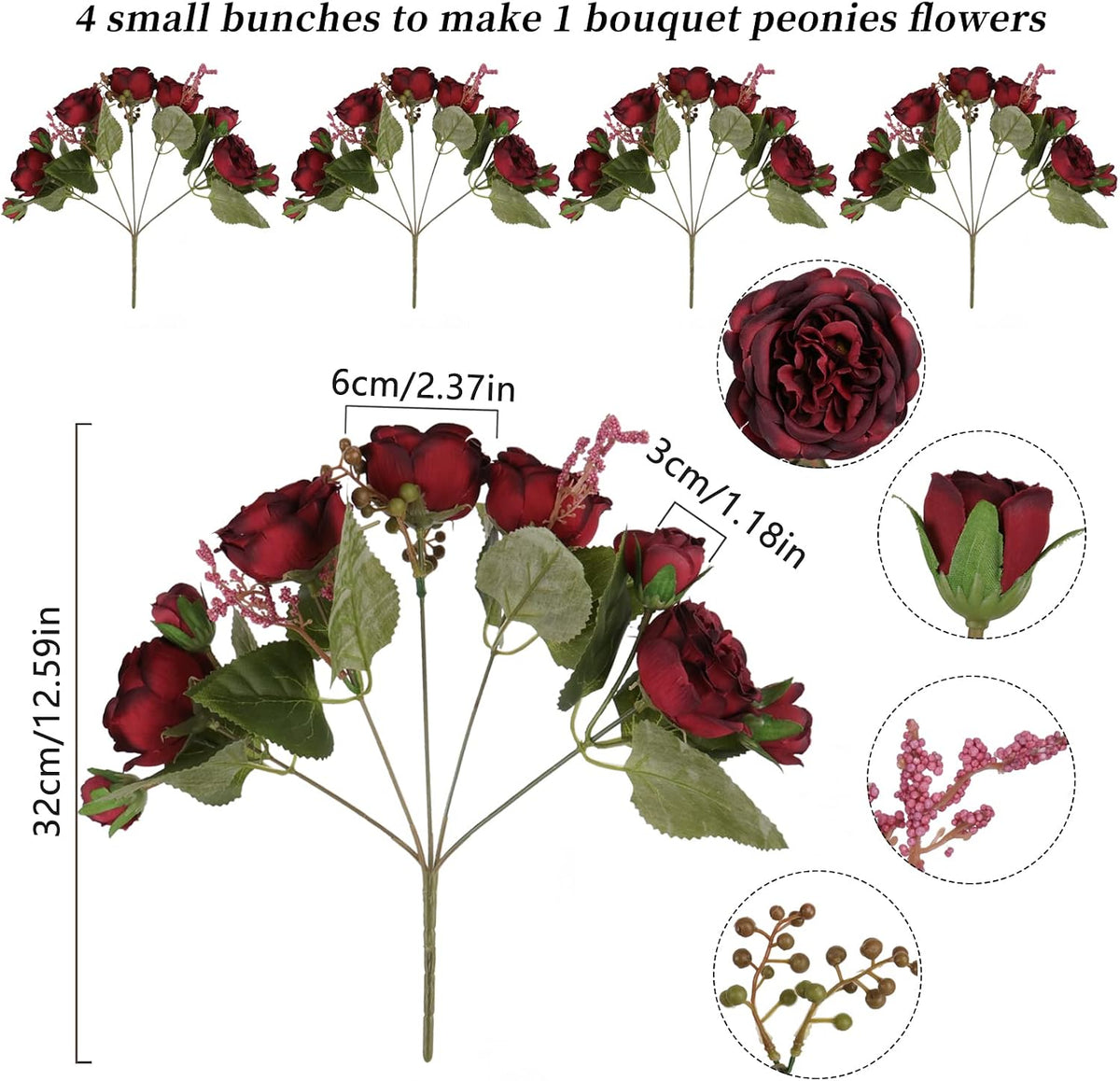4 Bundles Artificial Peonies Silk Flowers, White Faux Peony Bouquet Florals Arrangements Decor for Farmhouse Home Boho Wedding Table Centerpiece, Fake Plastic Flowers Bulk Vase Decoration (White)