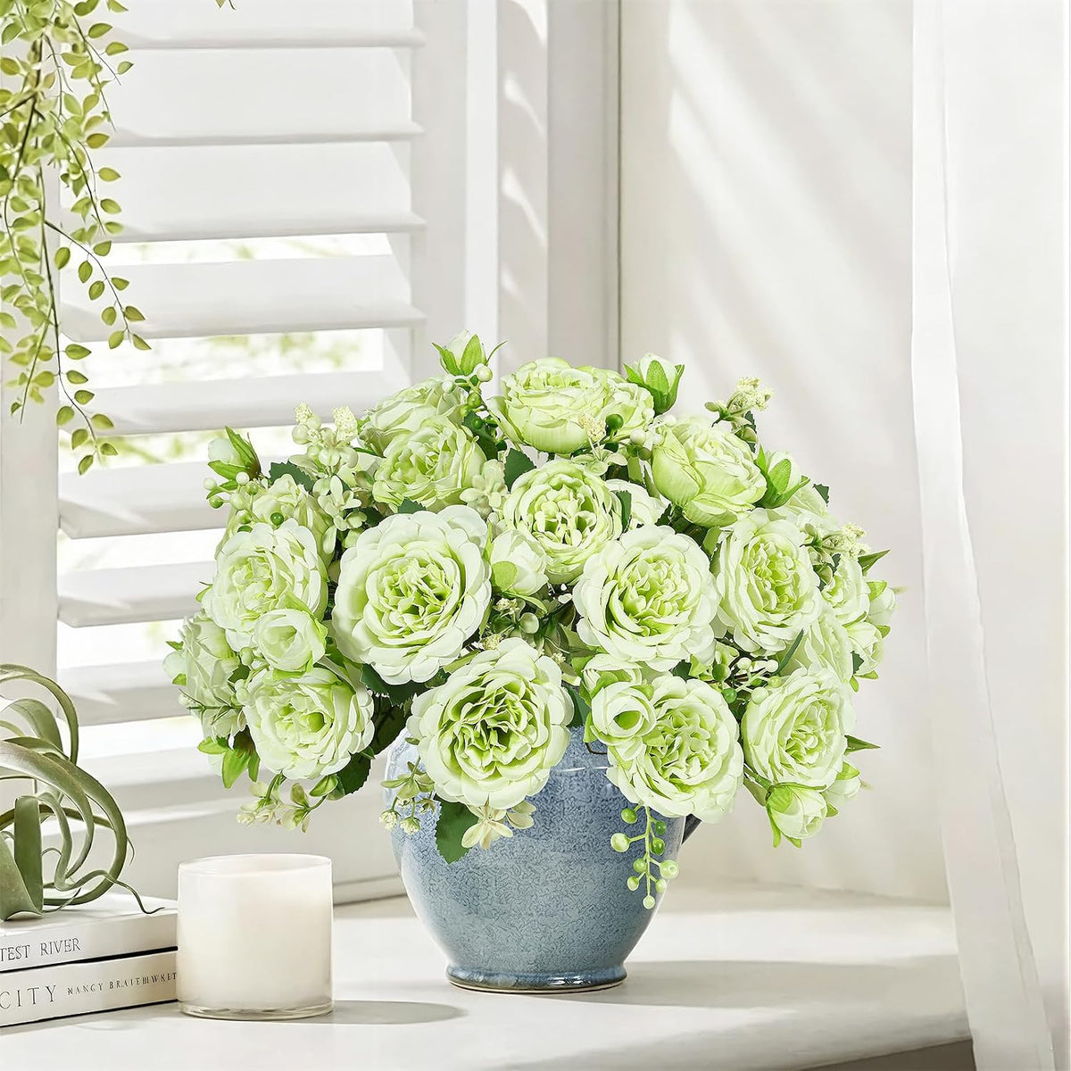 4 Bundles Artificial Peonies Silk Flowers, White Faux Peony Bouquet Florals Arrangements Decor for Farmhouse Home Boho Wedding Table Centerpiece, Fake Plastic Flowers Bulk Vase Decoration (White)