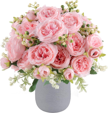 4 Bundles Artificial Peonies Silk Flowers, White Faux Peony Bouquet Florals Arrangements Decor for Farmhouse Home Boho Wedding Table Centerpiece, Fake Plastic Flowers Bulk Vase Decoration (White)