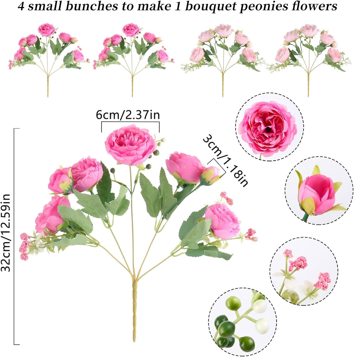 4 Bundles Artificial Peonies Silk Flowers, White Faux Peony Bouquet Florals Arrangements Decor for Farmhouse Home Boho Wedding Table Centerpiece, Fake Plastic Flowers Bulk Vase Decoration (White)