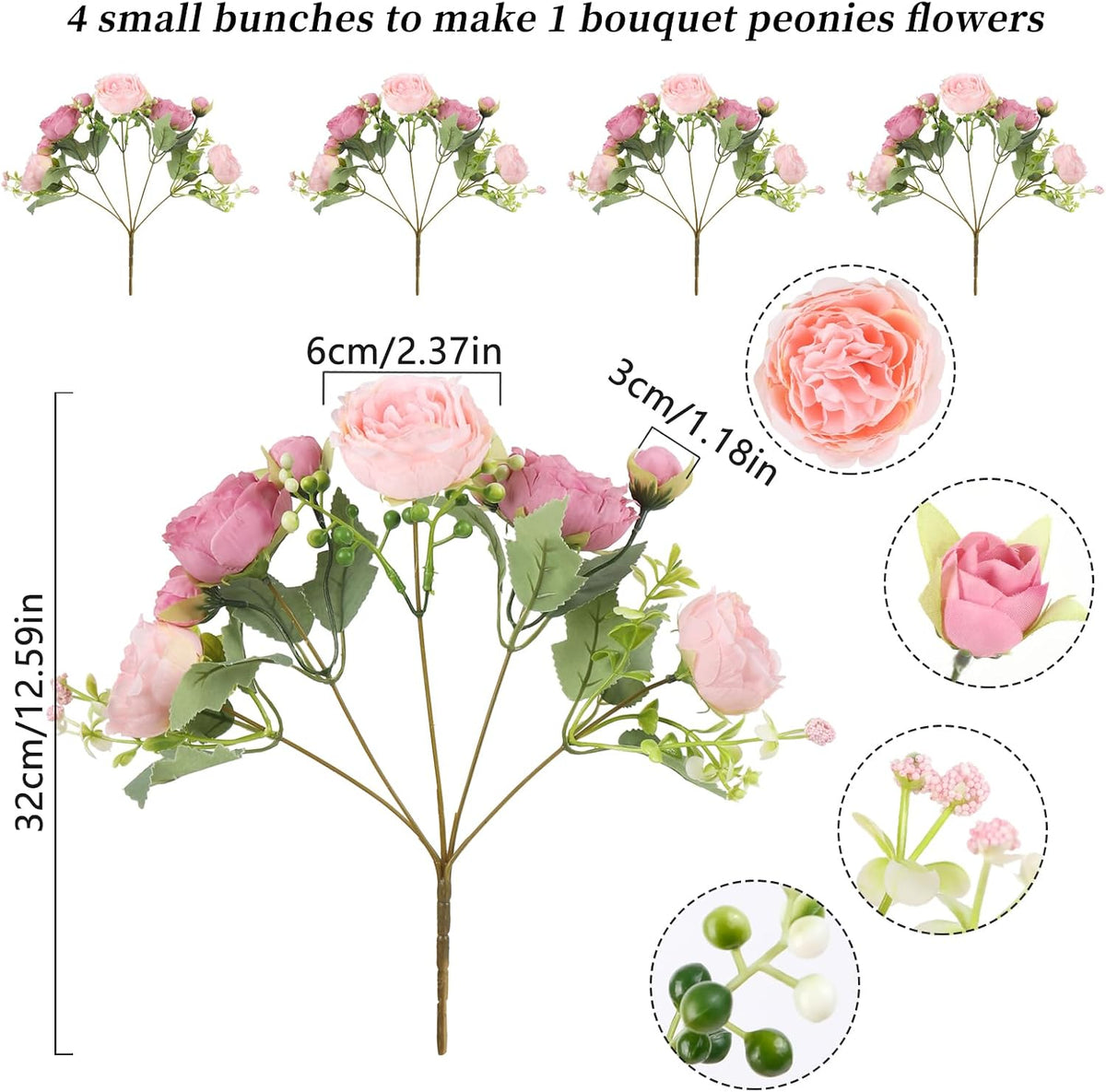 4 Bundles Artificial Peonies Silk Flowers, White Faux Peony Bouquet Florals Arrangements Decor for Farmhouse Home Boho Wedding Table Centerpiece, Fake Plastic Flowers Bulk Vase Decoration (White)