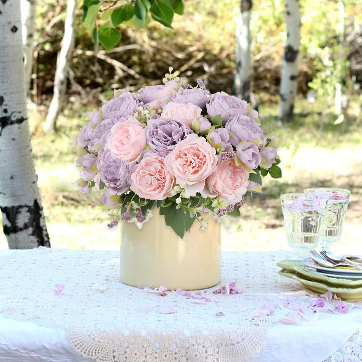 4 Bundles Artificial Peonies Silk Flowers, White Faux Peony Bouquet Florals Arrangements Decor for Farmhouse Home Boho Wedding Table Centerpiece, Fake Plastic Flowers Bulk Vase Decoration (White)