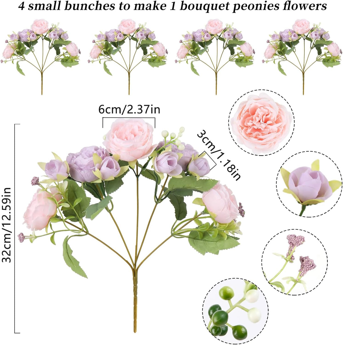 4 Bundles Artificial Peonies Silk Flowers, White Faux Peony Bouquet Florals Arrangements Decor for Farmhouse Home Boho Wedding Table Centerpiece, Fake Plastic Flowers Bulk Vase Decoration (White)