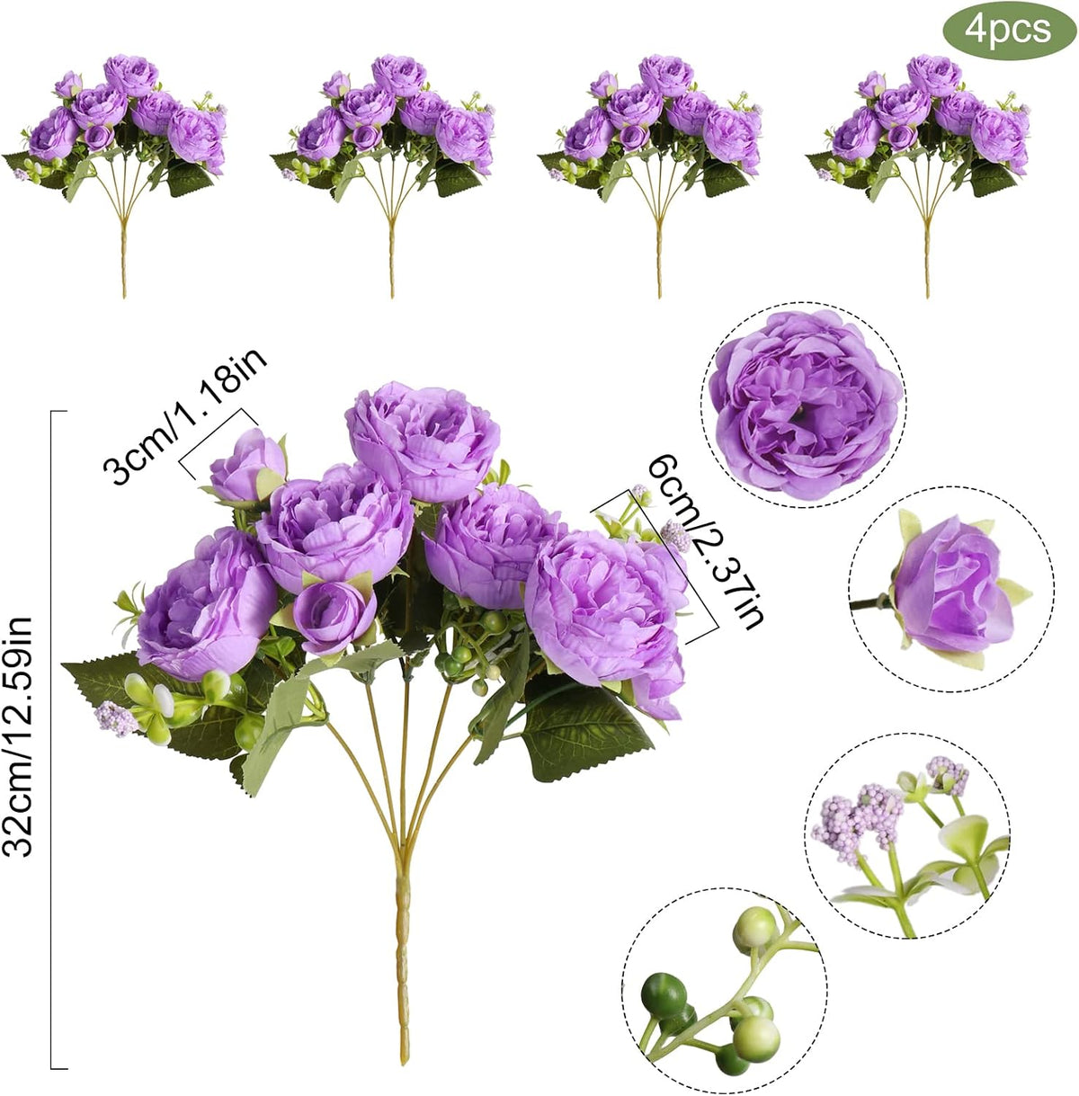 4 Bundles Artificial Peonies Silk Flowers, White Faux Peony Bouquet Florals Arrangements Decor for Farmhouse Home Boho Wedding Table Centerpiece, Fake Plastic Flowers Bulk Vase Decoration (White)