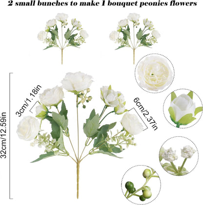 4 Bundles Artificial Peonies Silk Flowers, White Faux Peony Bouquet Florals Arrangements Decor for Farmhouse Home Boho Wedding Table Centerpiece, Fake Plastic Flowers Bulk Vase Decoration (White)