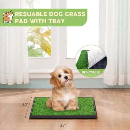 Dog Grass Pad With Tray, 25" x 20" Potty for Puppy Training, Reusable Artificial Pee Pad, Indoor/Outdoor Pet Toilet Loo, 3-Layer System