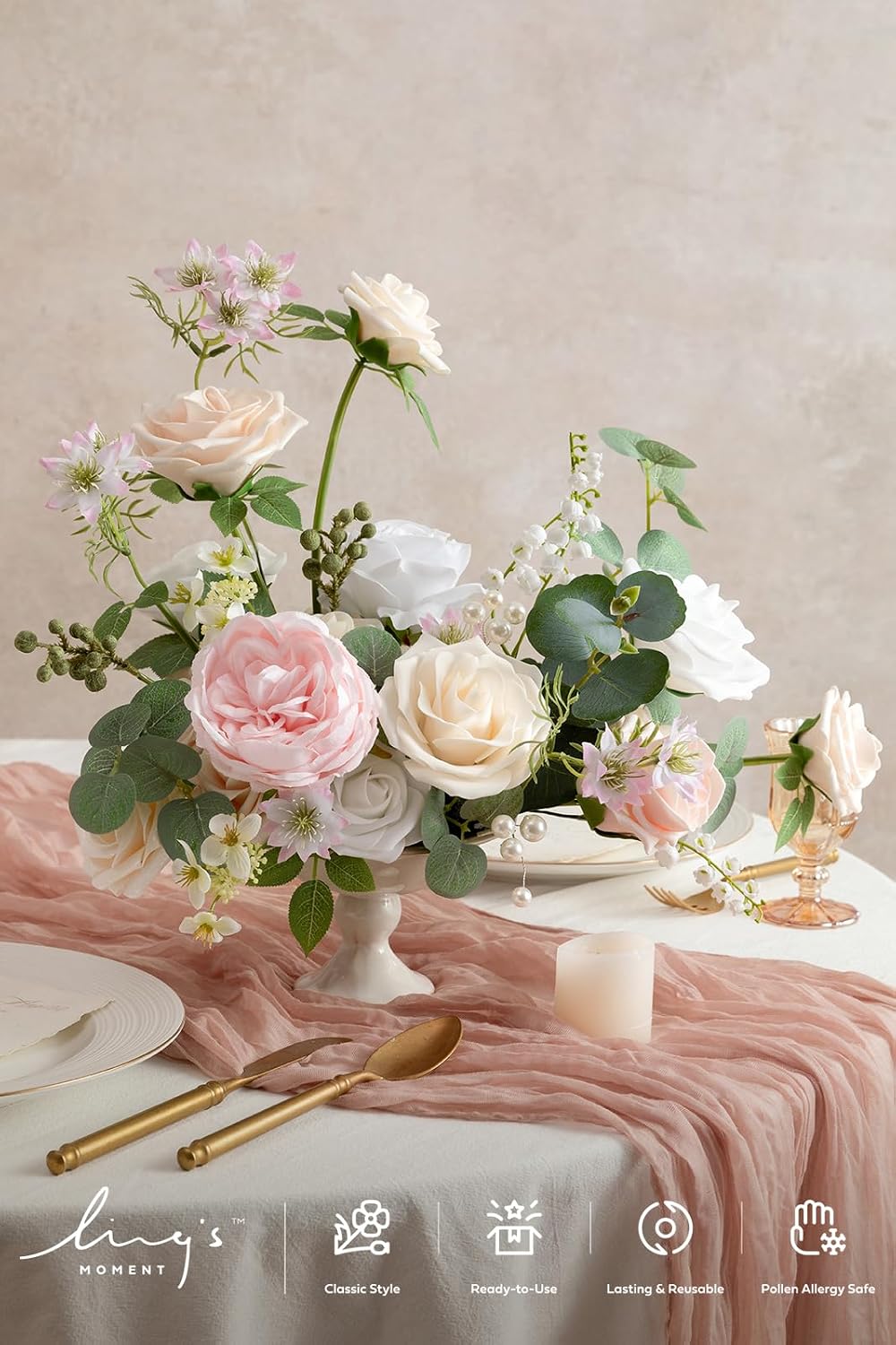 Artificial Pink Wedding Flowers Combo, English Pastel, Deluxe