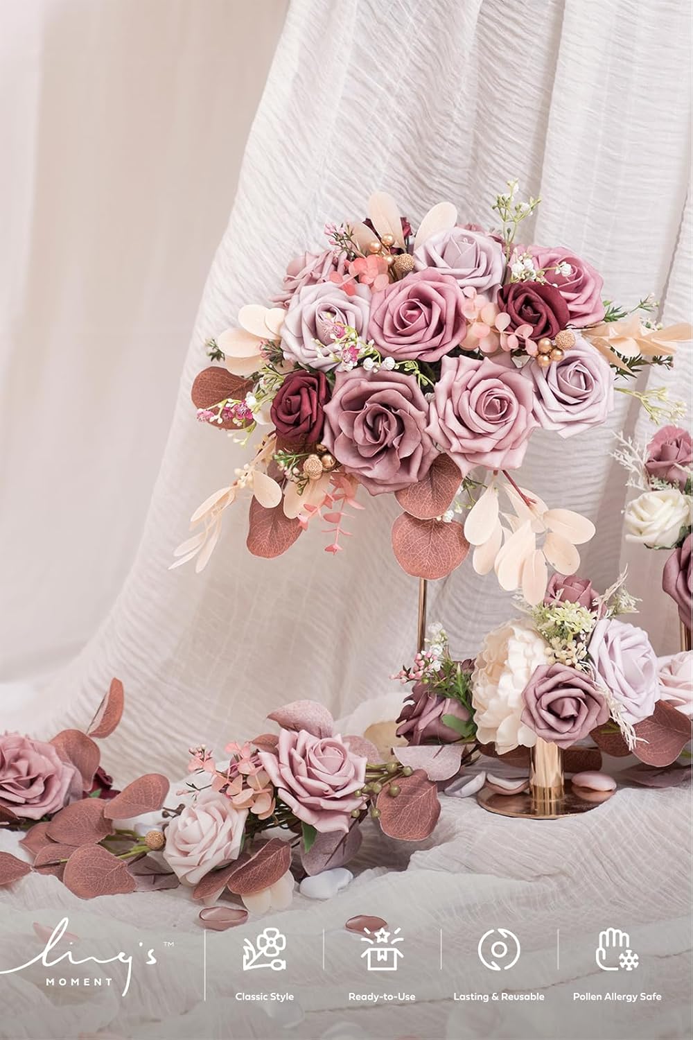 Artificial Pink Wedding Flowers Combo, English Pastel, Deluxe