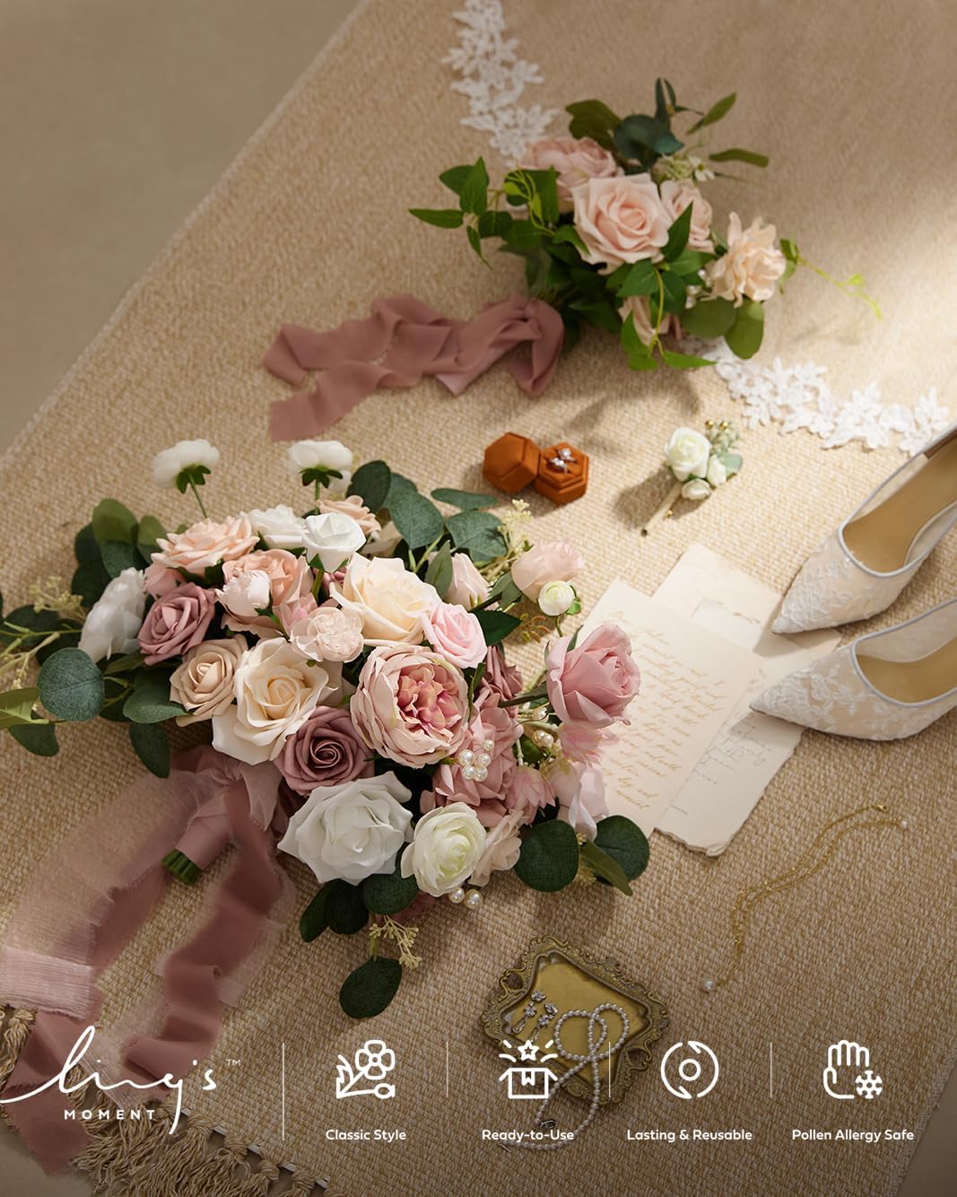Artificial Pink Wedding Flowers Combo, English Pastel, Deluxe