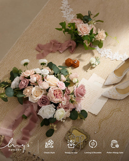 Artificial Pink Wedding Flowers Combo, English Pastel, Deluxe