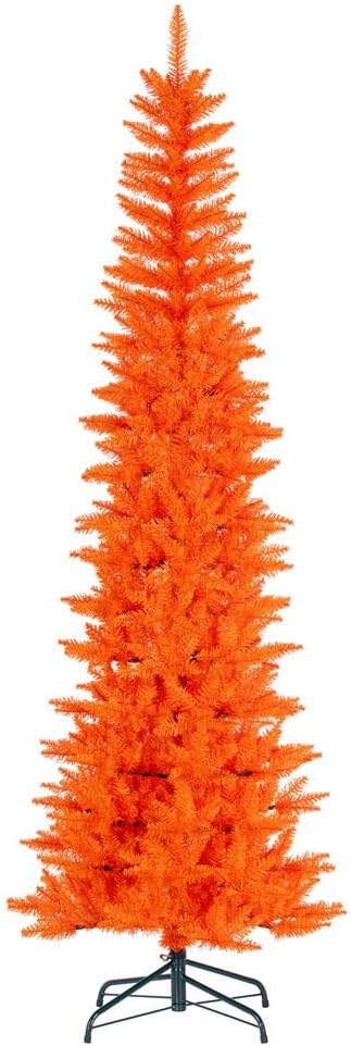6.5' x 28" Orange Pencil Artificial Unlit Christmas Tree. It Measures 78 inches Tall, and 28 inches Wide, which is considered a Pencil Profile.