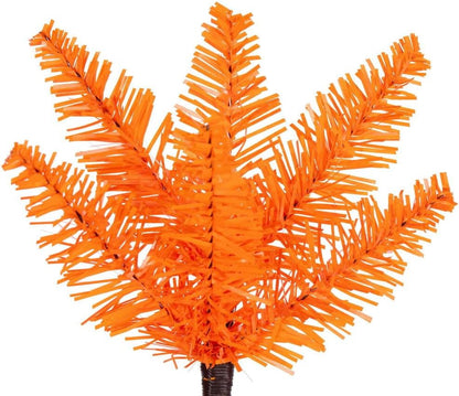 6.5' x 28" Orange Pencil Artificial Unlit Christmas Tree. It Measures 78 inches Tall, and 28 inches Wide, which is considered a Pencil Profile.