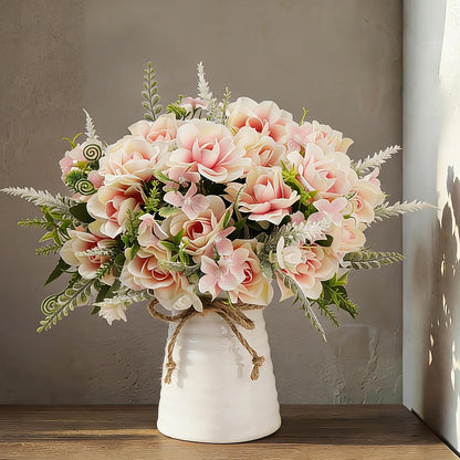 Artificial Flowers with Vase for Table Centerpieces,Fake Silk Gardenia Flower in Vase Decoration for Home Office Party (White)