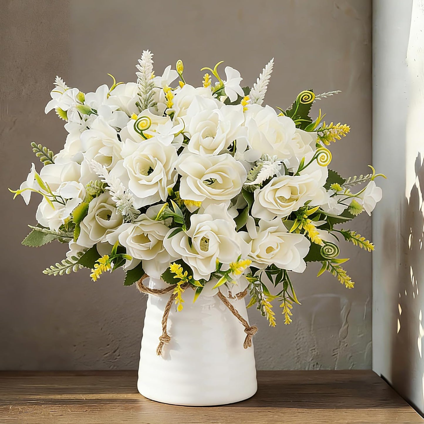 Artificial Flowers with Vase for Table Centerpieces,Fake Silk Gardenia Flower in Vase Decoration for Home Office Party (White)