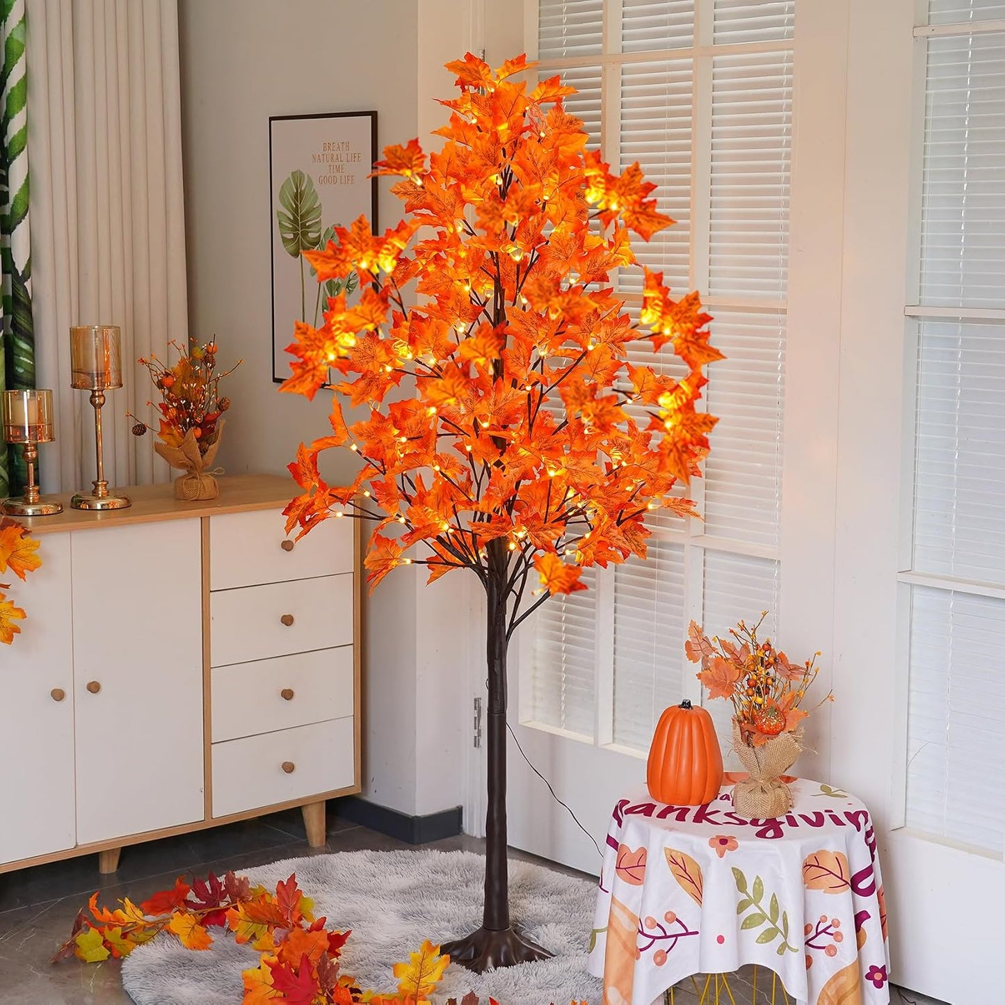 5FT Artificial Lighted Maple Tree with 96 LED & 192 Ultra-Dense Maple Leaves - Fall Decorations Maple Tree with Warm White Light for Home Thanksgiving Autumn Harvest Decor Indoor Outdoor