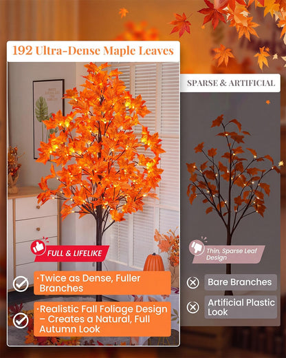 5FT Artificial Lighted Maple Tree with 96 LED & 192 Ultra-Dense Maple Leaves - Fall Decorations Maple Tree with Warm White Light for Home Thanksgiving Autumn Harvest Decor Indoor Outdoor