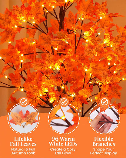 5FT Artificial Lighted Maple Tree with 96 LED & 192 Ultra-Dense Maple Leaves - Fall Decorations Maple Tree with Warm White Light for Home Thanksgiving Autumn Harvest Decor Indoor Outdoor