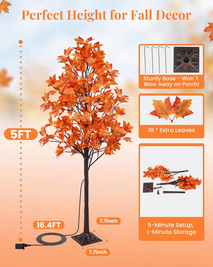 5FT Artificial Lighted Maple Tree with 96 LED & 192 Ultra-Dense Maple Leaves - Fall Decorations Maple Tree with Warm White Light for Home Thanksgiving Autumn Harvest Decor Indoor Outdoor