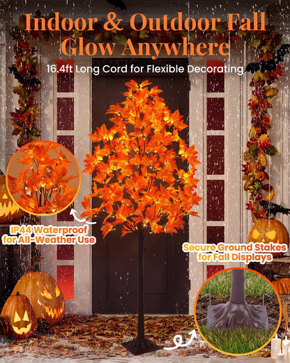 5FT Artificial Lighted Maple Tree with 96 LED & 192 Ultra-Dense Maple Leaves - Fall Decorations Maple Tree with Warm White Light for Home Thanksgiving Autumn Harvest Decor Indoor Outdoor