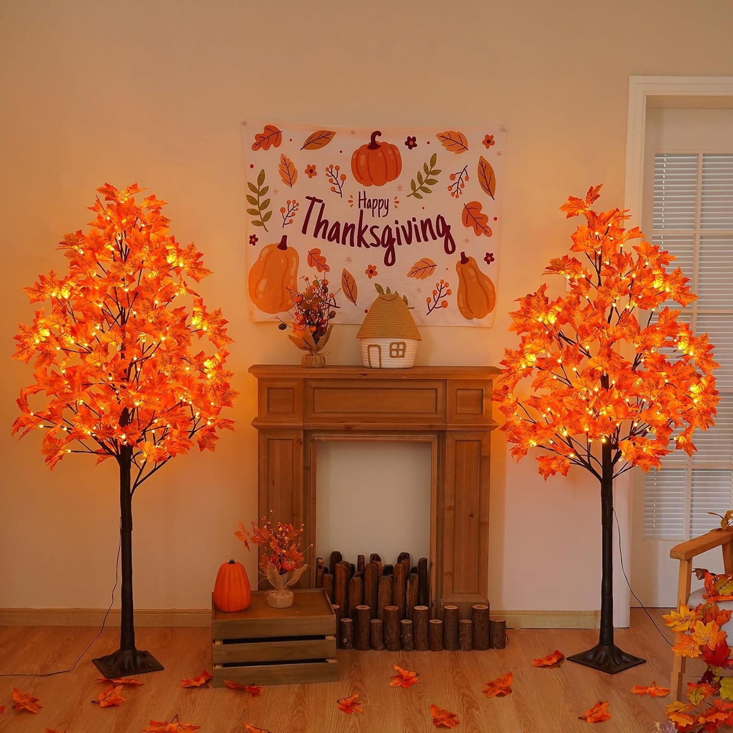 5FT Artificial Lighted Maple Tree with 96 LED & 192 Ultra-Dense Maple Leaves - Fall Decorations Maple Tree with Warm White Light for Home Thanksgiving Autumn Harvest Decor Indoor Outdoor