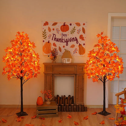 5FT Artificial Lighted Maple Tree with 96 LED & 192 Ultra-Dense Maple Leaves - Fall Decorations Maple Tree with Warm White Light for Home Thanksgiving Autumn Harvest Decor Indoor Outdoor