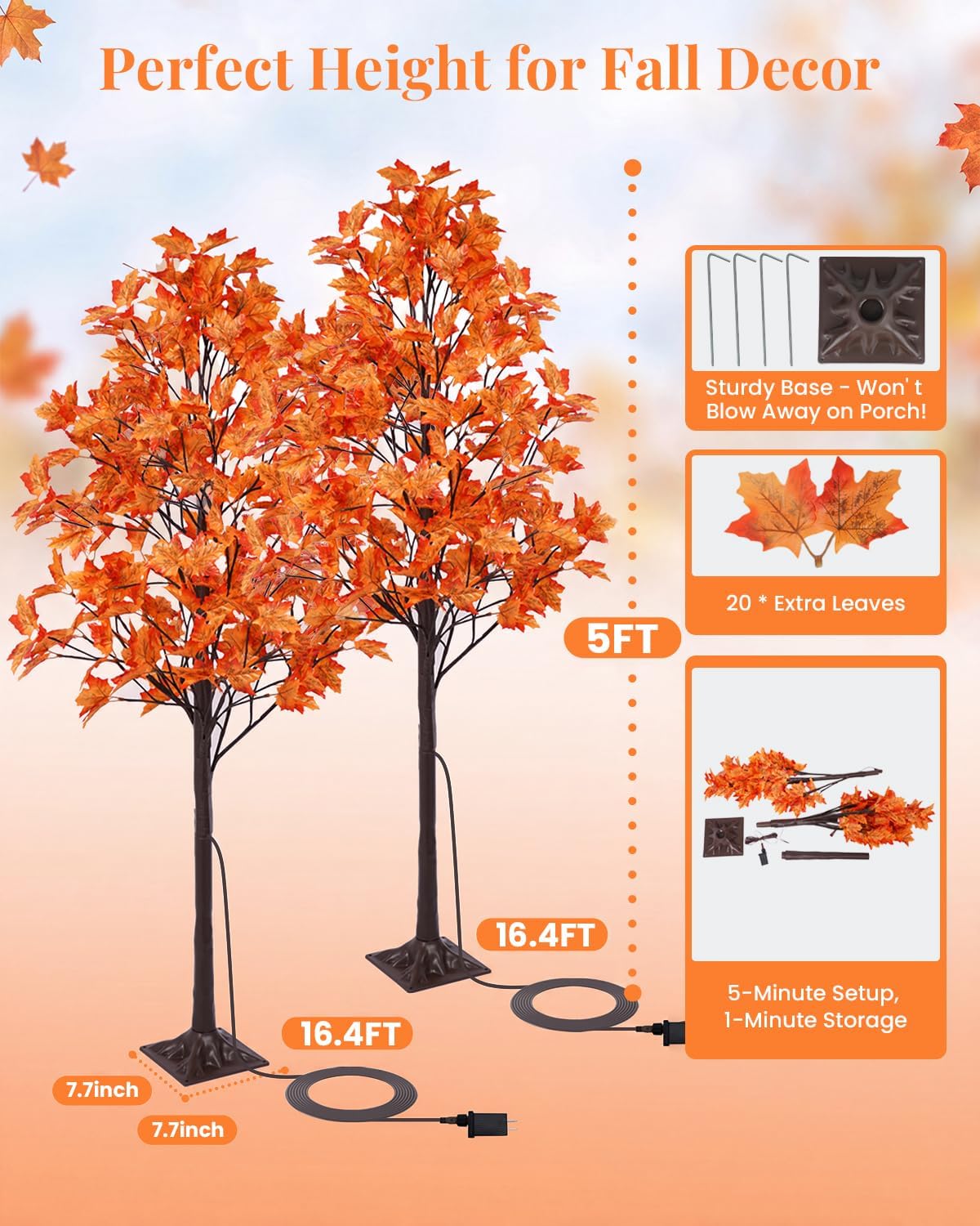 5FT Artificial Lighted Maple Tree with 96 LED & 192 Ultra-Dense Maple Leaves - Fall Decorations Maple Tree with Warm White Light for Home Thanksgiving Autumn Harvest Decor Indoor Outdoor