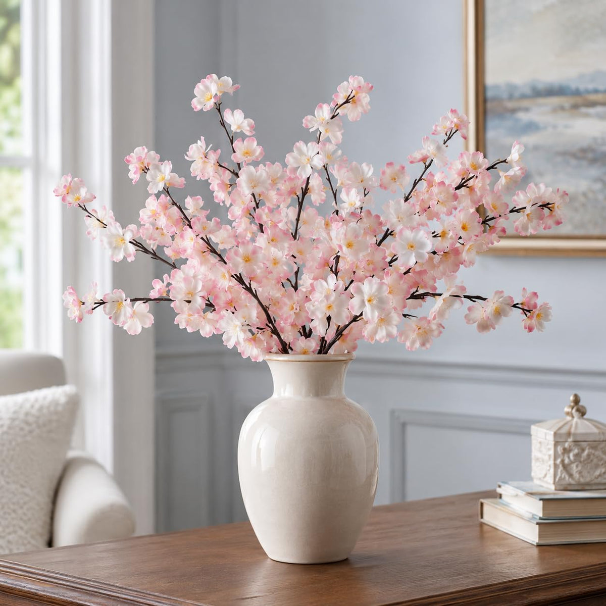 8 Pack Artificial Cherry Blossom Branches - 20 Inch Real Touch Silk Flowers with Bendable Stems for Vase, Wedding, Home Office Decor, Spring Floral, Party & Event Decor (Blush Pink Gradient)