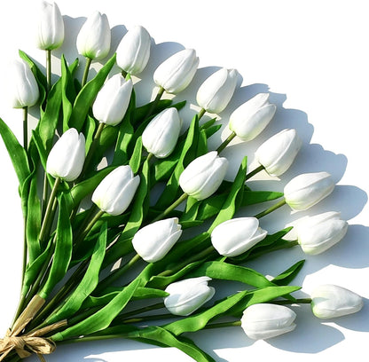 Artificial White Tulips 20 Pcs – 13.5 Inch PU Faux Flowers with Bendable Stems for Home Décor, Wedding Centerpieces, DIY Floral Arrangements, New Year and Valentine's Day