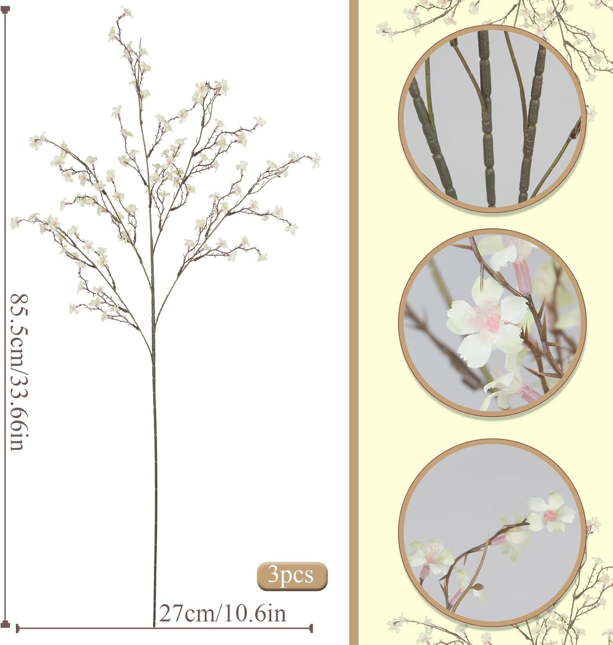 3 Pcs Cherry Blossom Branches Artificial Flowers for Spring Summer Indoor Decoration Faux Cherry Blossom Long Stems Creamy White Silk Fake Flowers for Tall Vase Arrangements Home Wedding Table