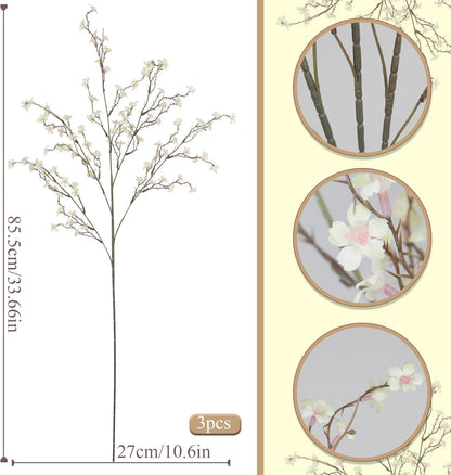 3 Pcs Cherry Blossom Branches Artificial Flowers for Spring Summer Indoor Decoration Faux Cherry Blossom Long Stems Creamy White Silk Fake Flowers for Tall Vase Arrangements Home Wedding Table