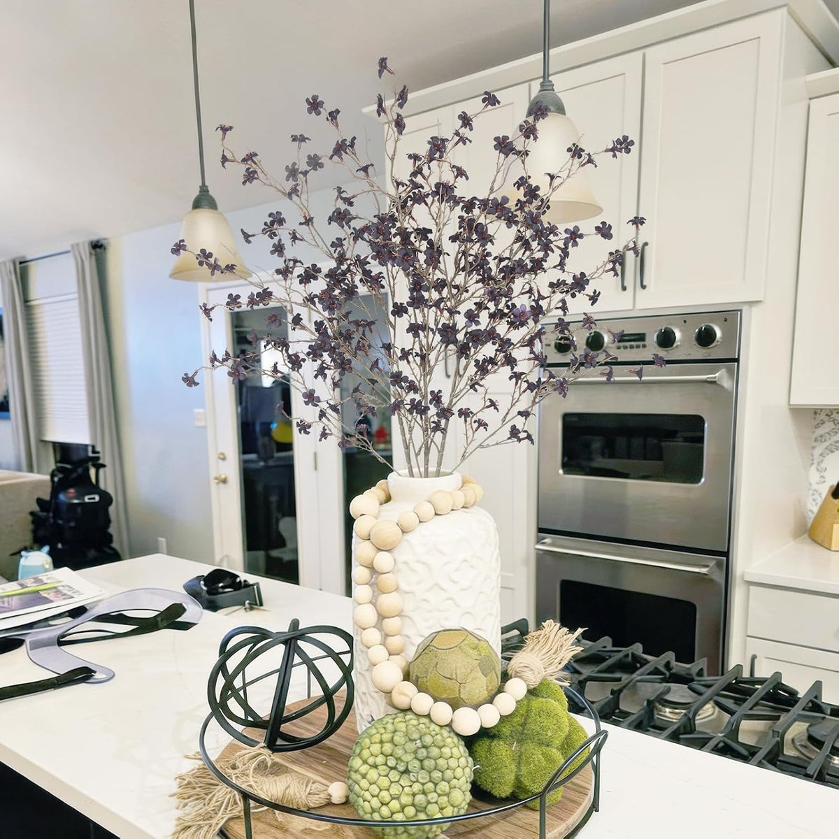 3 Pcs Cherry Blossom Branches Artificial Flowers for Spring Summer Indoor Decoration Faux Cherry Blossom Long Stems Creamy White Silk Fake Flowers for Tall Vase Arrangements Home Wedding Table